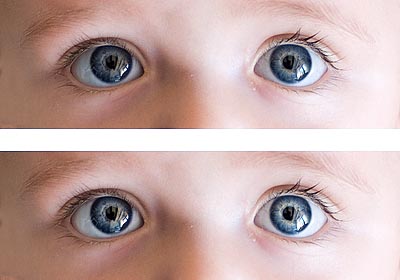 Antes y después de dar brillo a lso ojos con Photoshop